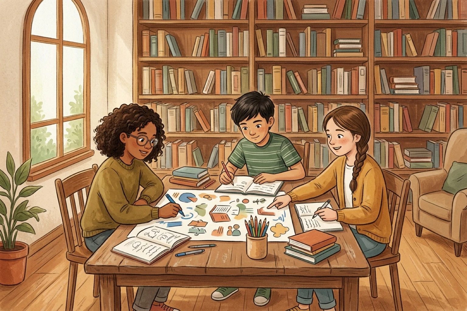 在明亮的學校圖書館裡,三位國中生圍坐在木桌旁討論英語小組作業,桌上放著筆記型電腦、筆記本與彩色麥克筆,大家專注地分工合作。
