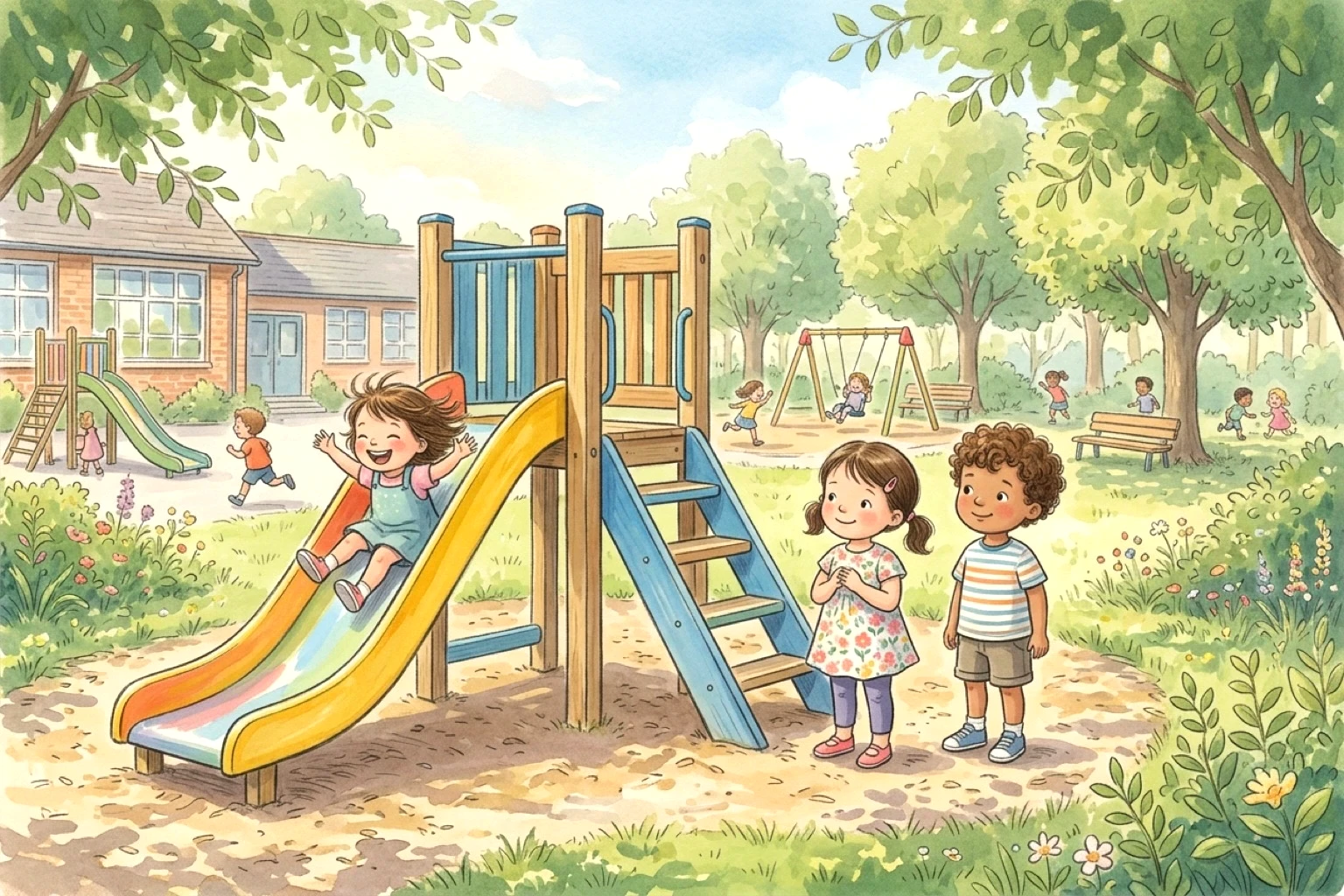 在陽光明媚的週末，一家四口走在綠意盎然的動物園步道上，孩子們興奮地指著圍欄裡吃樹葉的高大長頸鹿與龐大的大象，媽媽拿著相機面帶微笑準備為大家拍照。